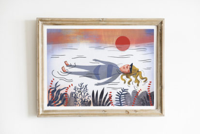 Illustration print of a woman in the see during sunset. Cute art print in pink, red and yellow by Carolina Cancanilla, Scotland based illustrator