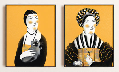 Set of two feminist, yellow, black and white illustration print of two medieval ladies