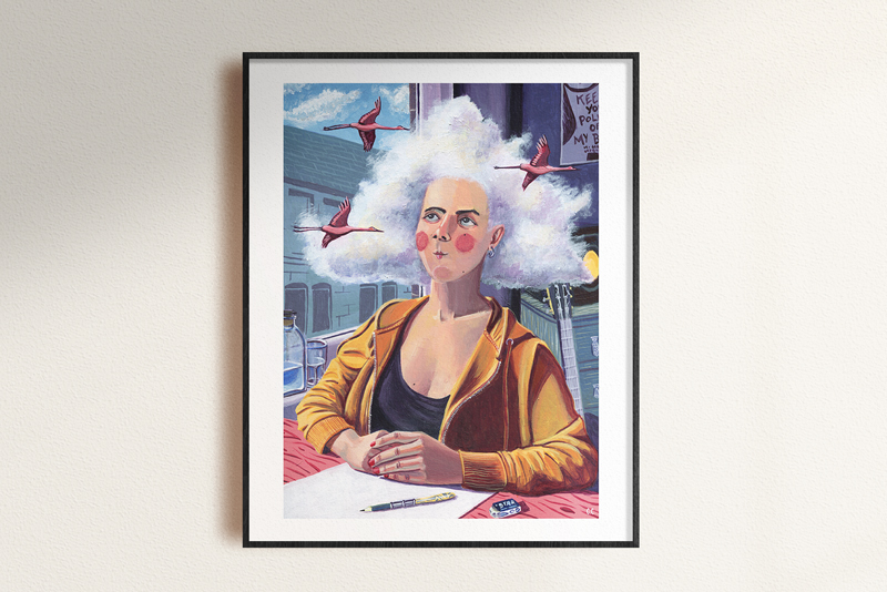 Limited edition art print of a women with clouds instead of hair.