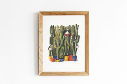 Watercolour and pencil colour illustration of woman behind cactus.