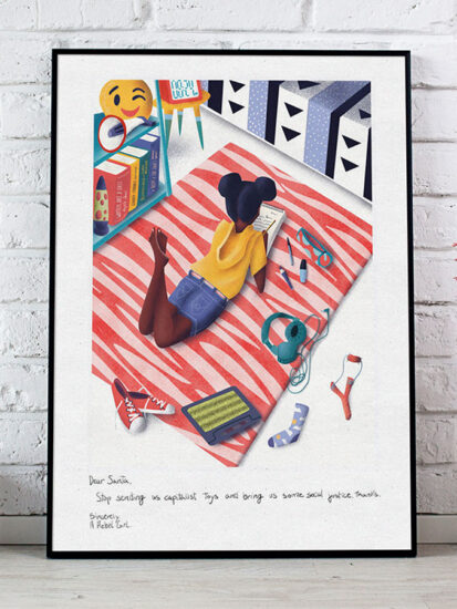 Illustration of a girl in her room, rebel girl illustration framed