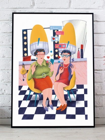 Pop and colourful illustration of too elder ladies in a hair salon using tinder, online dating app