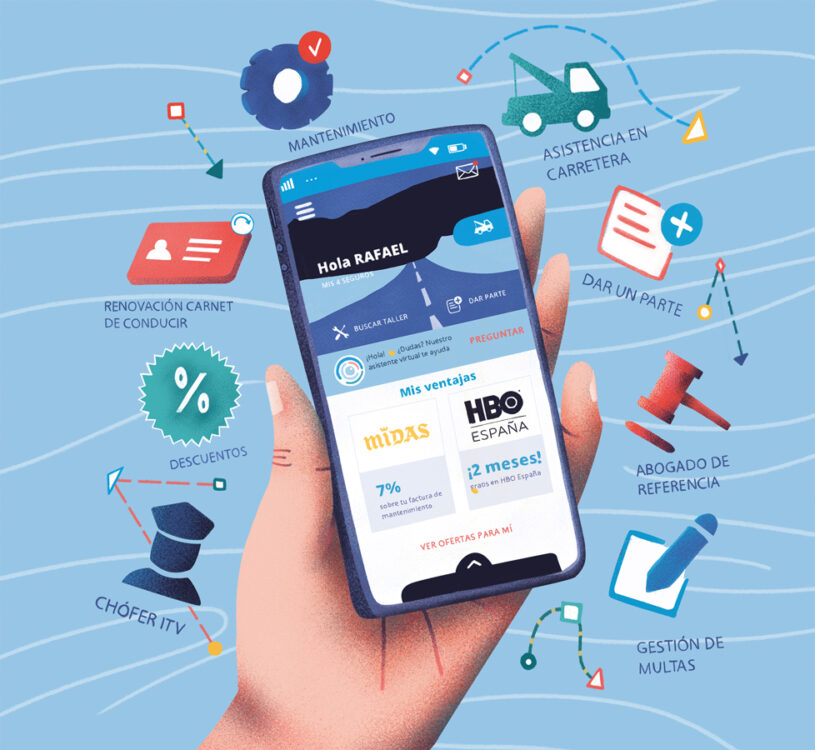Hand holding a phone with icons around illustration for cover magazine