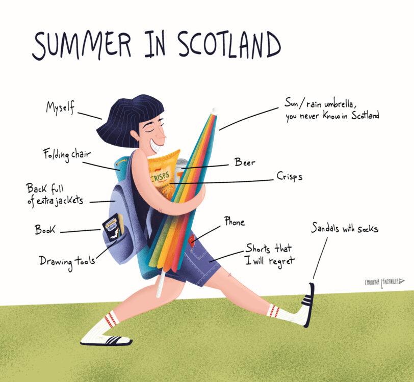Illustration of a women carrying a lot of stuff to be ready for summer in Scotland