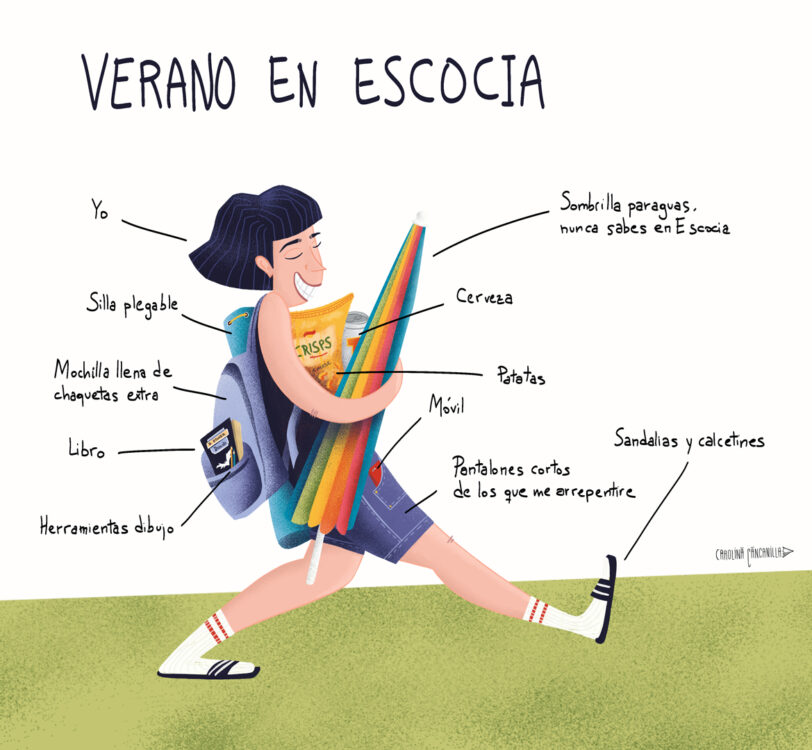 Ilustración sobre el verano en Escocia, una mujer cargando sombrilla, mochila, cerveza, patatas, silla, chaquetas, todo lo necesario para el verano en Escocia.