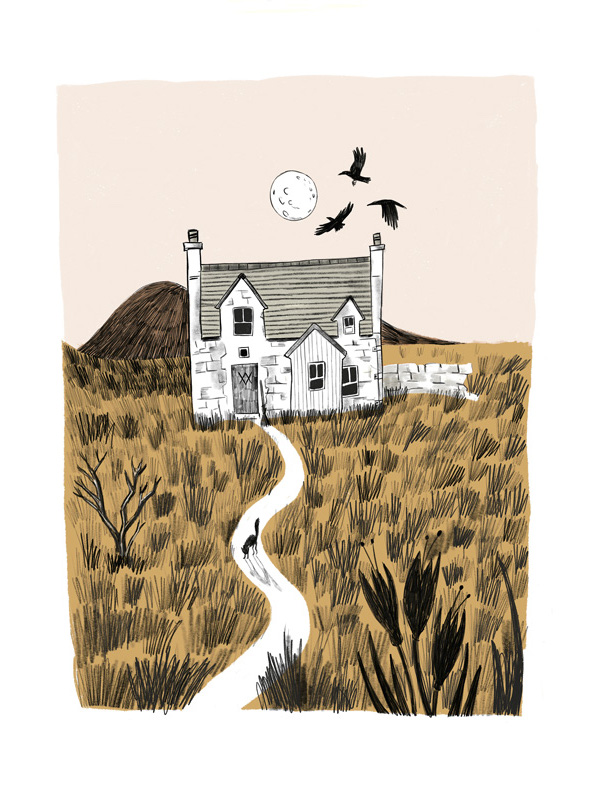 Illustration of a witch's house with and angry cat