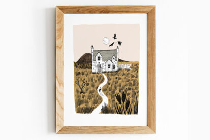 Framed illustration of a witch's house with and angry cat
