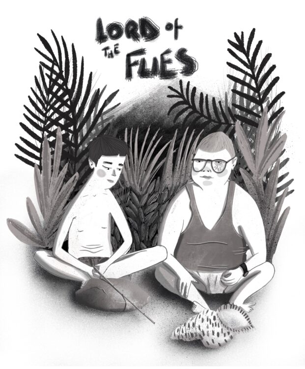 Black and white illustration of Ralph and Piggy of the novel Lord of the Flies