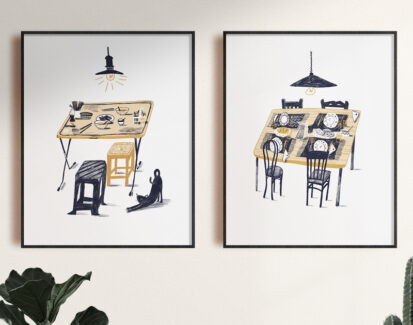 Bi colour illustrations of 2 dinning table. Art wall decoration.