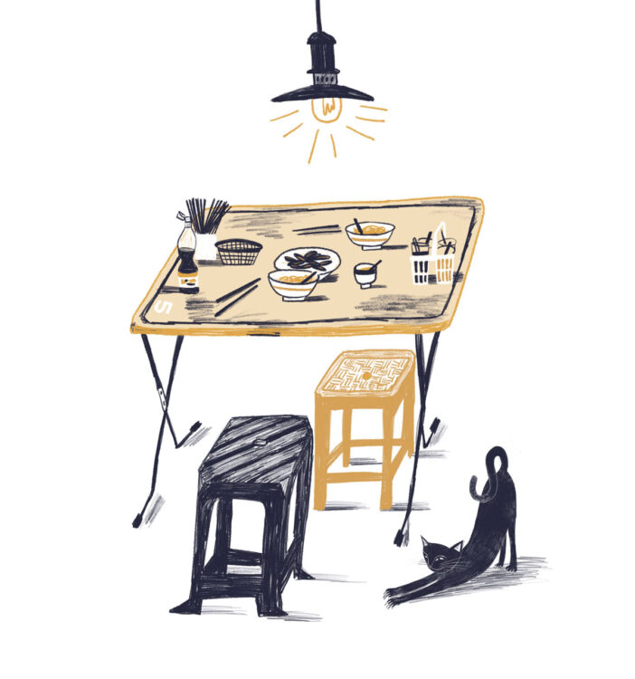 Bi-colour digital illustration of a Thailand street restaurant table with a cat