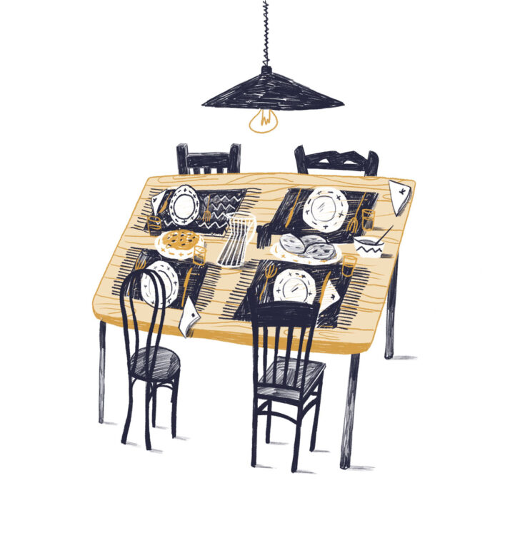 Bicolour digital illustration of a table set up for dinner