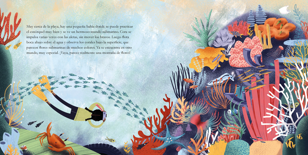 Double spread page of a picture book showing a girl doing diving around coral